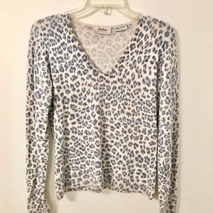 Neiman Marcus Blue Animal Print Cashmere V Neck